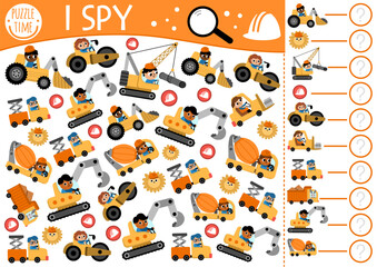 Wall Mural - Construction site I spy game for preschool kids. Searching and counting activity with special technics, drivers. Building works printable worksheet for children. Simple repair service spotting puzzle.