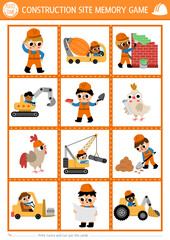 Wall Mural - Vector construction site memory game cards with cute repair service workers. Building works matching activity. Remember and find correct card. Simple printable worksheet with builders.