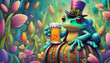 OIL PAINTING STYLE CARTOON CHARACTER multicolored a frog with a top hat sits on a barrel and drinks beer,