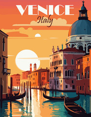 Venice Travel Destination Poster in retro style. Italy landscape digital print. Europe vacation, international holidays, tourism concept. Vintage vector colorful illustration in bright vivid colors.