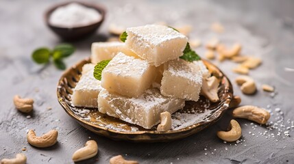 a popular dessert made with milk, khoya, cashews, and sugar is called kaju katli, generative ai.