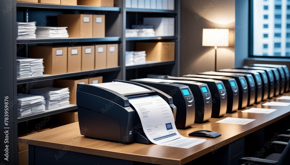 A lineup of high-capacity office printers ready for bulk document printing, reflecting productivity in a business setting.. AI Generation. AI Generation