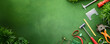 Landscape architect tools web banner. Tools for landscape architects on green background with copy space.