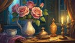 still life with roses flowers and candle in cozy room