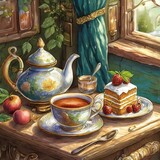 Fototapeta Tulipany - still life with tea and fruits