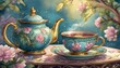 teapot and cup of tea in floral garden