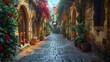 Explore the narrow streets of an ancient city, where weathered stone buildings lean precariously over cobblestone lanes and the air is filled with the scent of spices and incense