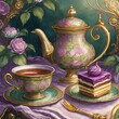 Teacup and teapot with cake on purple table. Art card