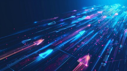 Wall Mural - Digital bunch of glowing arrows up diagonally. Abstract boosting conception of high-speed Internet connection. Light low poly wireframe vector illustration on technology blue background