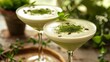 Creamy matcha martini - Matchatini, trendy cold summer cocktail. Matcha cocktails in martini glasses with green matcha powder. Generative ai