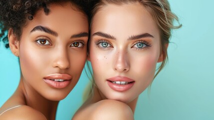 Multiracial of cosmetic beauty care. Beautiful very attractive two models 20 year old women take care of skin, pastel light blue background. Generative ai