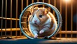A ginger hamster is caught in motion running inside a wheel, displaying energy and playfulness within a home setting.. AI Generation