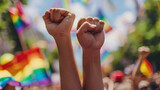 Fototapeta  - Two men protest with their fists raised on gay pride day