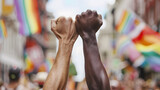 Fototapeta  - Two men protest with their fists raised on gay pride day