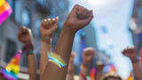 Fototapeta  - woman protests with raised fist on gay pride day