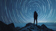 Traveler standing on mountain ridge, clear night sky, star trails, telephoto angle