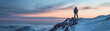 Mans silhouette on snowy mountain peak, dusky sky, cold tones, panoramic view