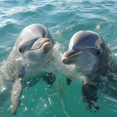 Two dolphins playing happily in the ocean water