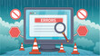 Cartoon art, vector illustration of computer with error message on screen. The laptop screen is badly damaged , vector