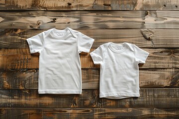 On a brown hardwood background, two white t-shirt mockups in adult and baby sizes, Generative AI.