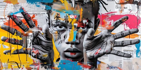 A young man with hands and eyes wide open, symbolic graffiti for seeing the truth, awareness and awakening, collage of multicolored grunge newspapers, urban graphic artwork, street art, mixed media