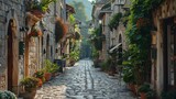 Fototapeta Uliczki - Wander through the narrow streets of a medieval town, where ancient stone buildings lean precariously over cobblestone lanes and the air is filled with the scent of woodsmoke and roasting meat