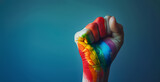 Fototapeta  - A woman protests with her fist raised on gay pride day with her hand marked with the colors of the LGBT flag