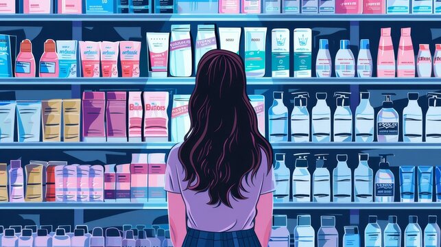 cartoon woman stands in front of a shelf in a drugstore or pharmacy 