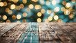 Festive Bokeh Lights on Teal and Golden Background with Wooden Texture
