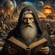 Nostradamus holding an ancient book. Visions of the past and the future of mankind on background