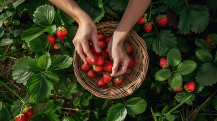 Wall Mural - Hands Picking Fresh Strawberries