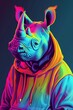 Stunning illustration of an anthropomorphic rhino wearing a colorful hoodie, portrait, epic composition with colorful gradients, 80s style, vibrant colors, digital art dramatic lighting with high cont