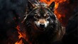 Furious A wolf howling among a sea of flames. fierce wolf. Black with a wolf and fire. Head of a wolf. wild creature. Animal danger.