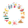 © Kate Artery19 - Hand drawn Summer round frame, copy space, template. Doodle Summer Beach holidays circular frame. Beach party illustration. Summer Set. Summertime elements. Cartoon vector illustration. Flat design.