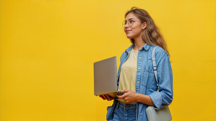 Wall Mural - A woman in a denim shirt and glasses is holding a laptop.