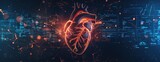 Fototapeta  - Abstract digital human heart with medical symbols and data visualizations on a dark background