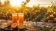 Sunset Harvest: Fresh Juice Amidst the Orchard - Glasses of fresh juice with ripe fruits on an old wooden table overlooking an orchard at sunset.