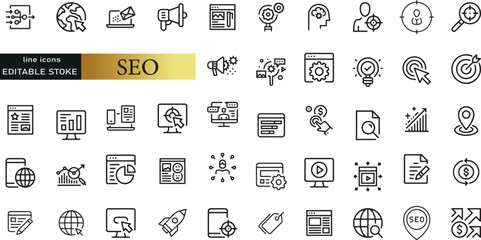 Wall Mural - seo search engine optimization editable stroke outline icons set isolated on white background flat v