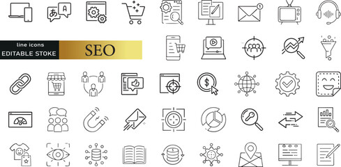 Wall Mural - seo search engine optimization editable stroke outline icons set isolated on white background flat v