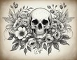 Skull and Flowers, Vintage illustration in Bright Colours 