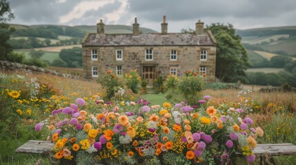 Wall Mural -   A vast floral arrangement stands before a weathered stone house Wildflowers carpet the land in front, extending the scene's natural beauty