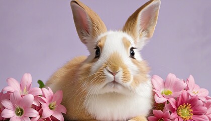 Poster - Cute little rabbit on spring flowers background in bright colours 