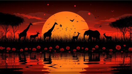 Sticker -   A scene of giraffes grazing atop a verdant field beside a river during sunset