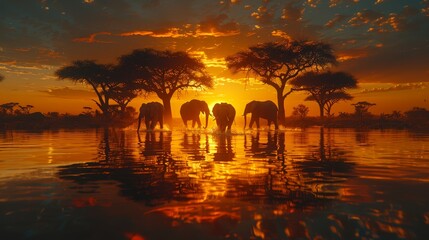 Sticker -   A group of elephants wading through water as the sun sets, backdropped by trees