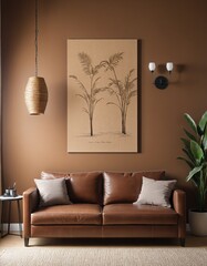 Wall mockup in home interior, living room in brown  in bright colours 3d render