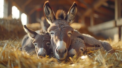 Wall Mural - a tight shot of two donkeys reclining on a mound of hay within a barn hay populates the foreground
