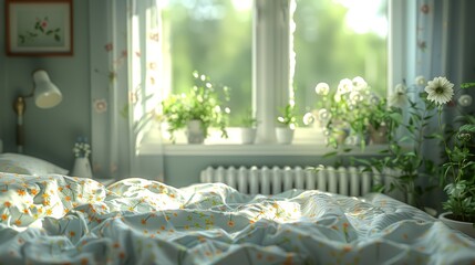 Wall Mural -   A bed with a white comforter, next to a window, features a potted plant on its side