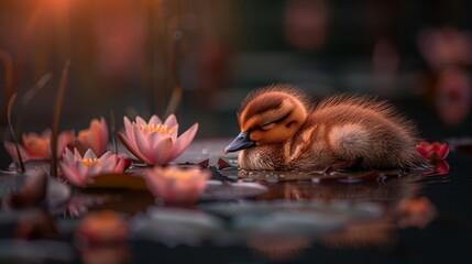 Sticker -   A duckling perched atop tranquil water, surrounded by a cluster of pink waterlilies