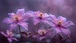   A group of purple flowers bears water droplets, situated in front of a bokeh  of combined purple and pink hues