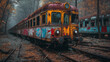 Depicts an abandoned train covered in rust and graffiti, left to decay on overgrown railway tracks in a misty forest.